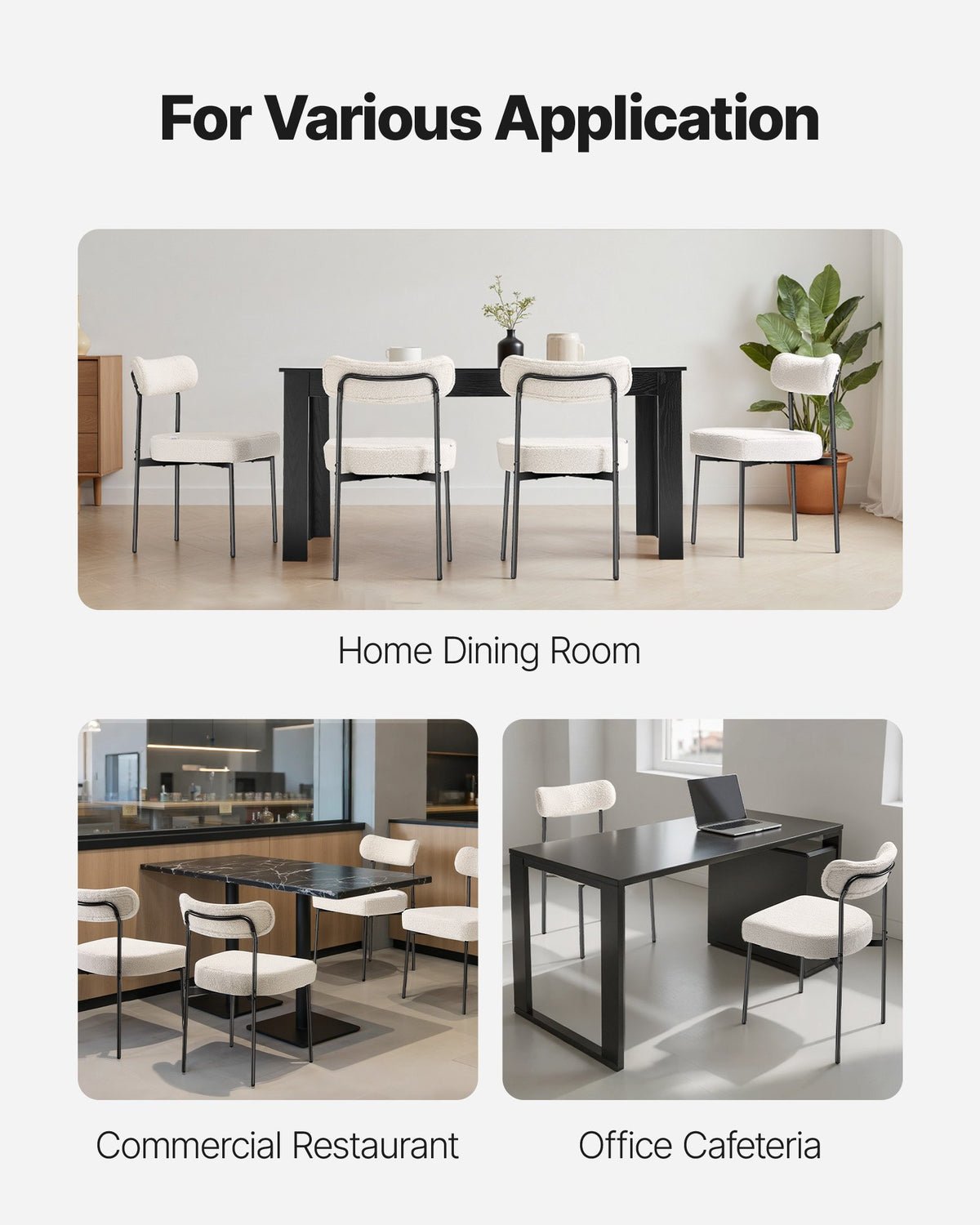 Boucle Dining Chairs Set of 6, Mid Century Modern Sherpa Accent Chairs, Upholstered Side Chair for Dining Table, Space-Saving White Kitchen Table Chair with Curved Backrest and Black Metal Legs