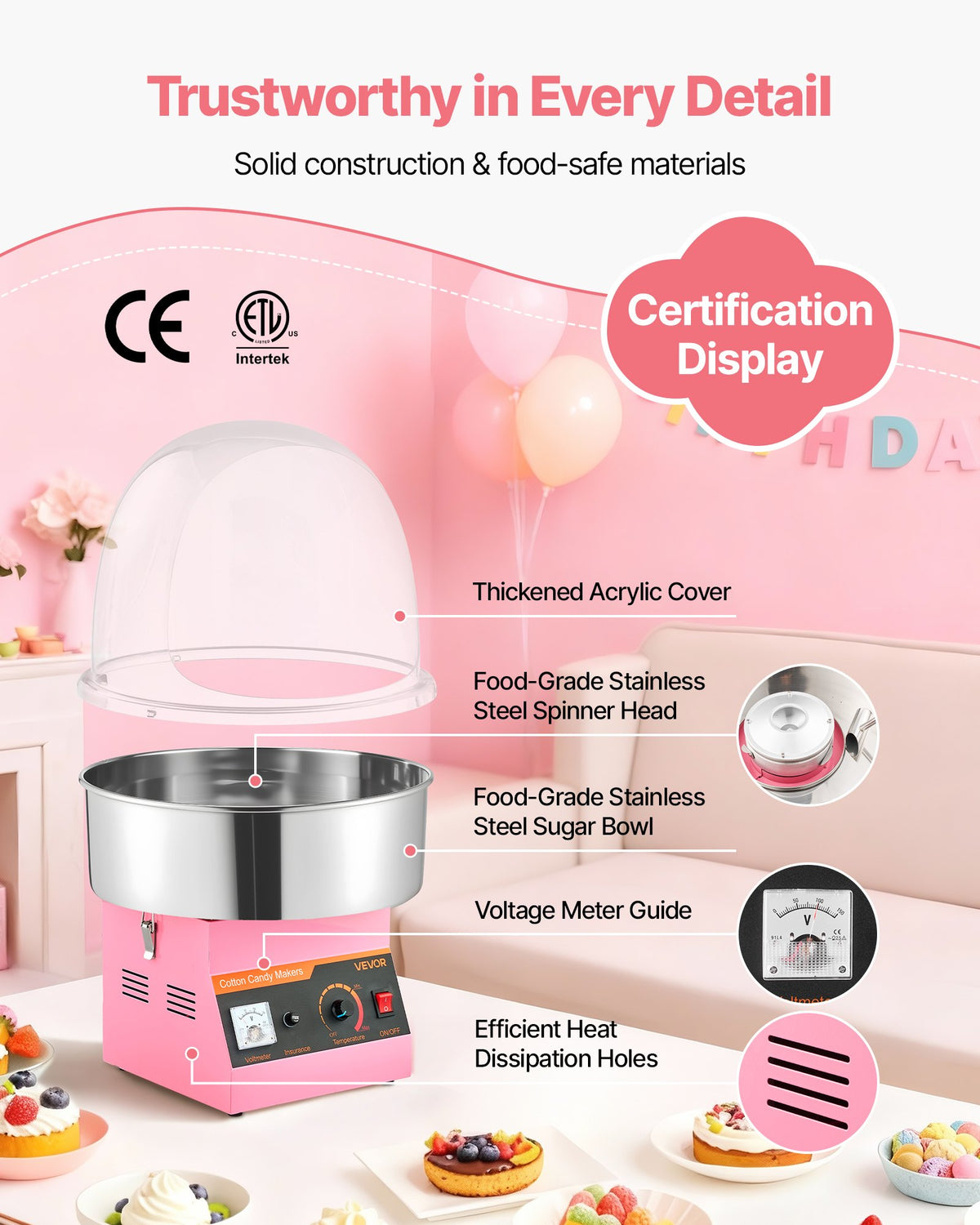 Electric Cotton Candy Machine, 1000W Commercial Floss Maker With Cover, Commercial Cotton Candy Machine w/Stainless Steel Bowl & Sugar Scoop, Ideal for Carnival, Birthday, Family Party, Pink