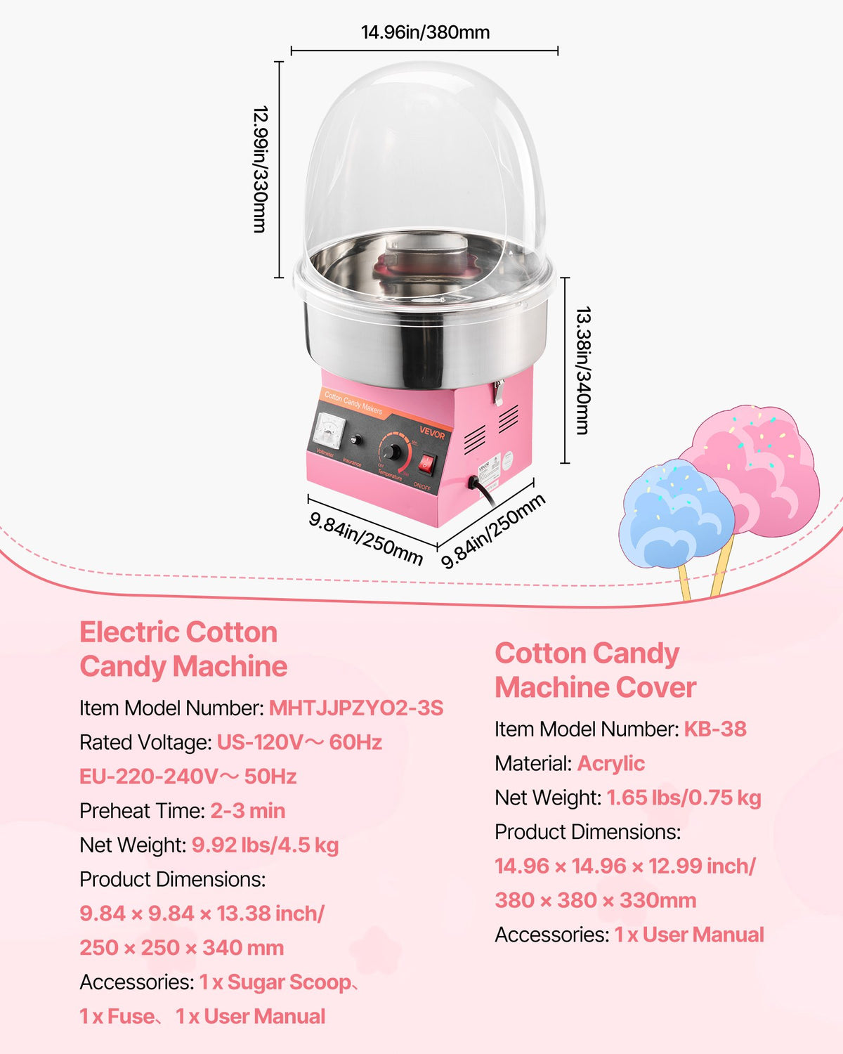 Electric Cotton Candy Machine, 1000W Commercial Floss Maker With Cover, Commercial Cotton Candy Machine w/Stainless Steel Bowl & Sugar Scoop, Ideal for Carnival, Birthday, Family Party, Pink