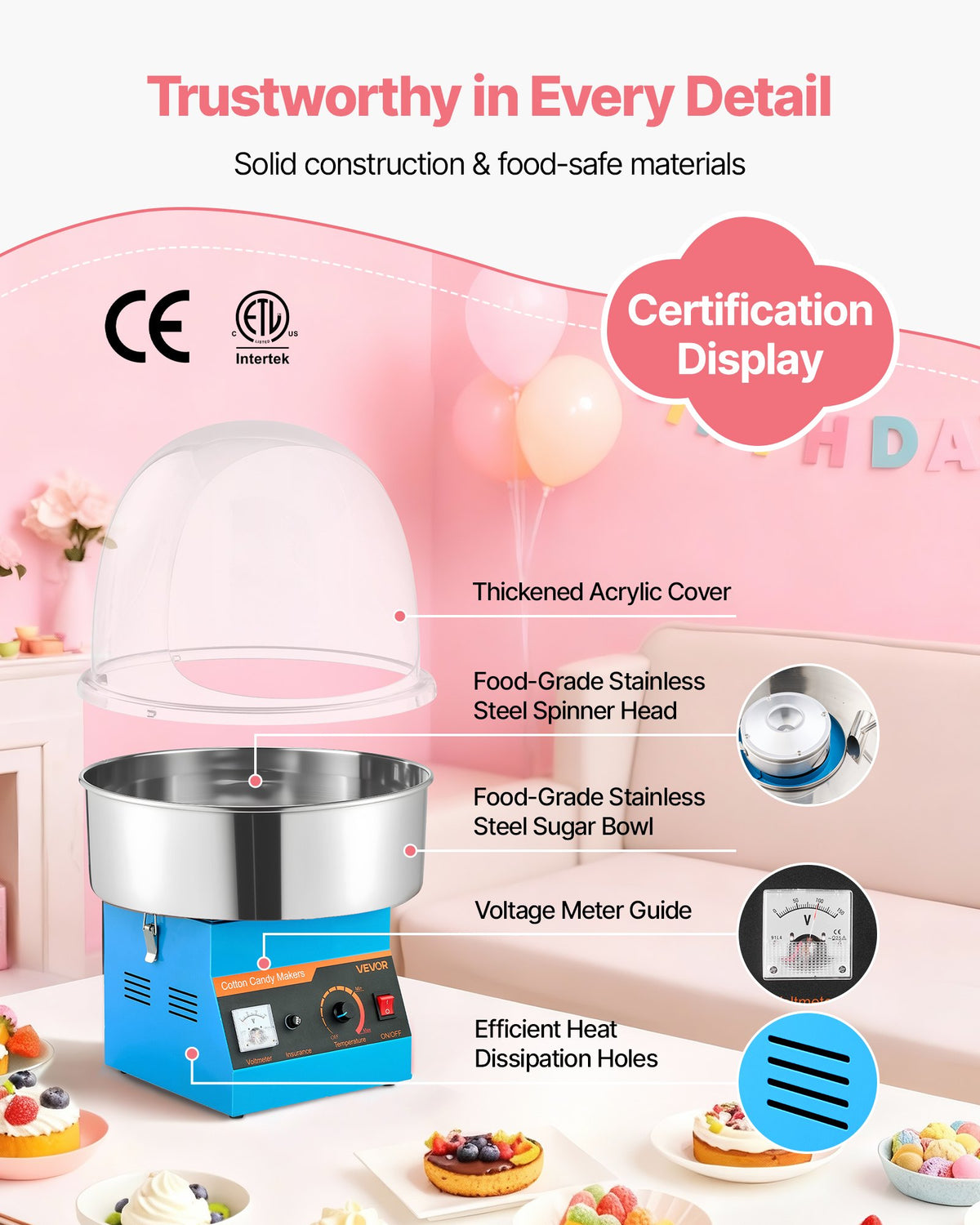 Electric Cotton Candy Machine, 1000W Commercial Floss Maker With Cover, Commercial Cotton Candy Machine w/Stainless Steel Bowl & Sugar Scoop, Ideal for Carnival, Birthday, Family Party, Blue