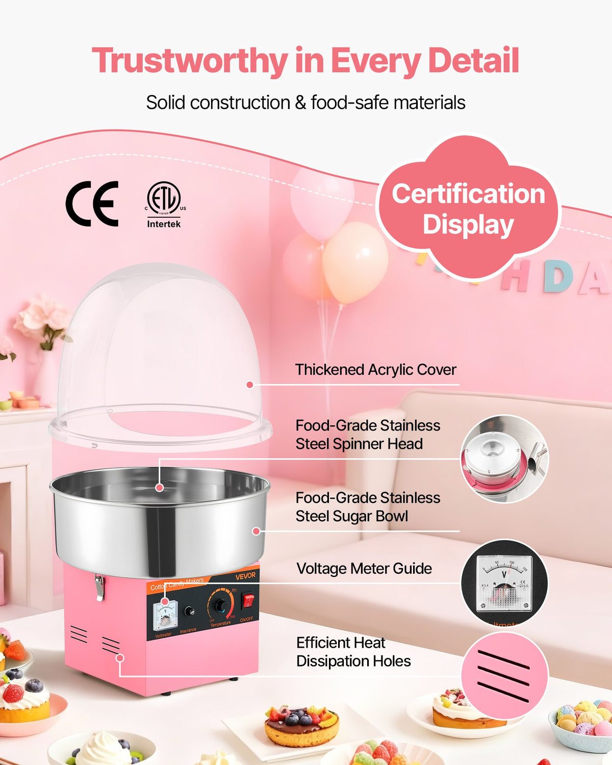 Electric Cotton Candy Machine, 1000W Electric Floss Maker With Cover, Commercial Cotton Candy Machine w/Stainless Steel Bowl & Sugar Scoop, Ideal for Home, Carnival, Birthday, Family Party, Pink
