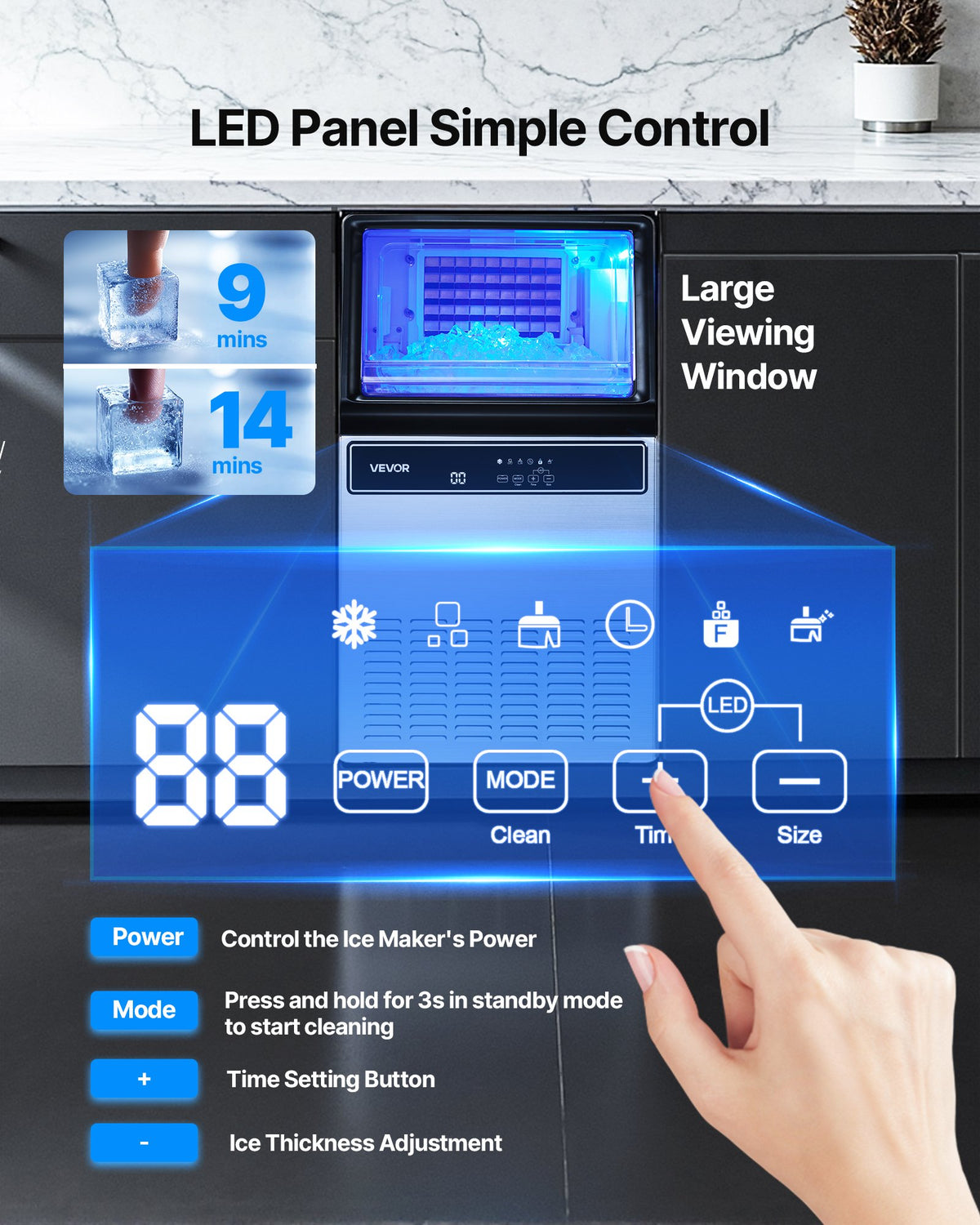 Commercial Ice Maker Machine with Pump, 59 KG/24H with 15 KG Storage, 45 Cubes per Cycle, Freestanding & Under Counter Ice Maker with LED Display & Self-Cleaning, for Home Bar Restaurant