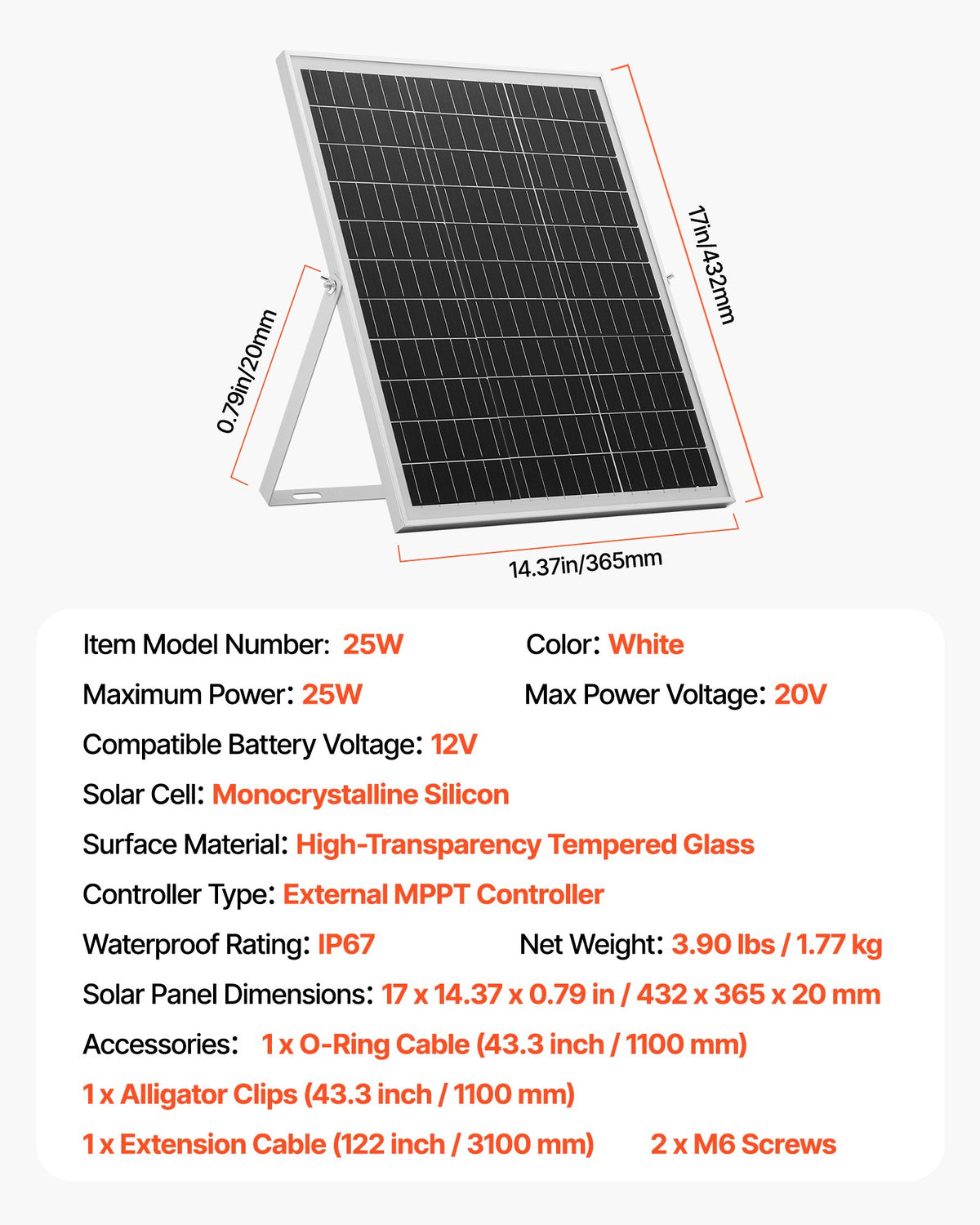 25W 12V solpanelsbatteriladdare, solcellsbatteriunderhållsladdare med intelligent MPPT-kontroller och justerbart monteringsfäste, IP67 vattentät för bil, båt, husbil, motorcykel, släpvagn