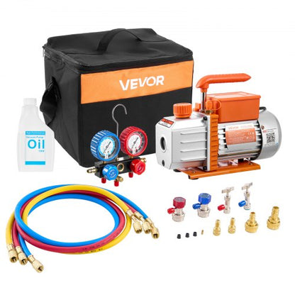 AC Vacuum Pump and Gauge Set, 4.5 CFM 127 L/min, Single Stage Rotary Vane HVAC Vacuum Pump, Manifold Gauge Kit, for R134a R22 R410a R1234YF R32, with Carry Bag, for Auto HVAC Air Conditioning