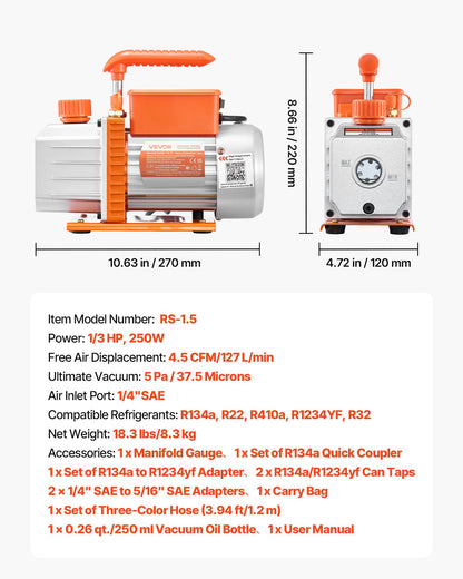 AC Vacuum Pump and Gauge Set, 4.5 CFM 127 L/min, Single Stage Rotary Vane HVAC Vacuum Pump, Manifold Gauge Kit, for R134a R22 R410a R1234YF R32, with Carry Bag, for Auto HVAC Air Conditioning