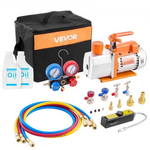 AC Vacuum Pump and Gauge Set, 7 CFM 198 L/min, Two Stage Rotary Vane HVAC Vacuum Pump, A/C Manifold Gauge Kit, for R134a R22 R410a, with Leak Detector Carry Bag, for Auto HVAC Air Conditioning