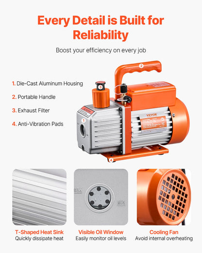 Vakuumpump, 217 L/min (3,5 CFM), HVAC enstegs roterande lamellvakuumpump, för R134a R22 R410a-system, vakuumpumpsats för bil-AC med oljeflaska, för underhåll av luftkonditioneringsapparater i bilar, avgasning av harts