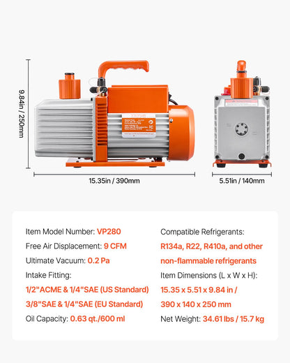 Vakuumpump, 533 L/min (9 CFM), HVAC 2-stegs roterande lamellvakuumpump, för R134a R22 R410a-system, vakuumpumpsats för bil-AC med oljeflaska, för underhåll av billuftkonditionering, hartsavgasning
