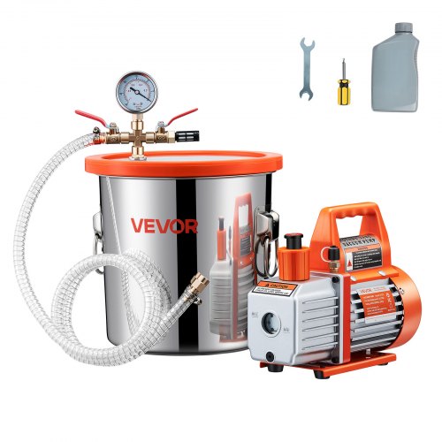 11,36 l vakuumkammare med pump, 110 l/min, rostfritt stål, avgasningskammarsats, enstegsvakuumpump, lock av härdat glas, 1,5 m slang, olja, för stabilisering av träavgasning silikonharts