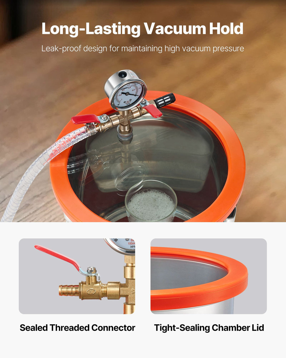 11,36 l vakuumkammare med pump, 110 l/min, rostfritt stål, avgasningskammarsats, enstegsvakuumpump, lock av härdat glas, 1,5 m slang, olja, för stabilisering av träavgasning silikonharts