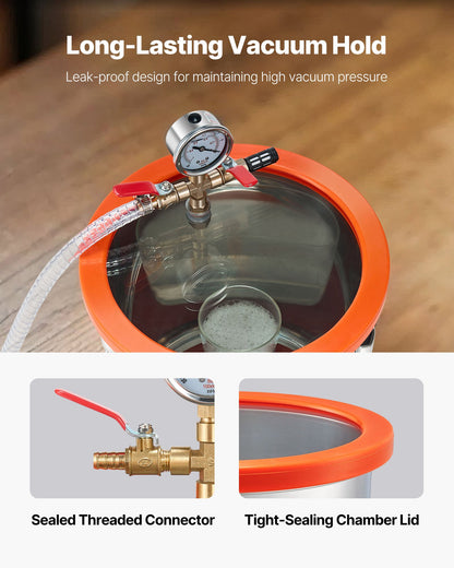 11,36 l vakuumkammare med pump, 110 l/min, rostfritt stål, avgasningskammarsats, enstegsvakuumpump, lock av härdat glas, 1,5 m slang, olja, för stabilisering av träavgasning silikonharts