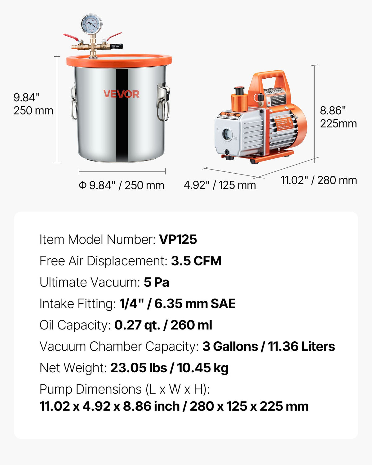 11,36 l vakuumkammare med pump, 110 l/min, rostfritt stål, avgasningskammarsats, enstegsvakuumpump, lock av härdat glas, 1,5 m slang, olja, för stabilisering av träavgasning silikonharts