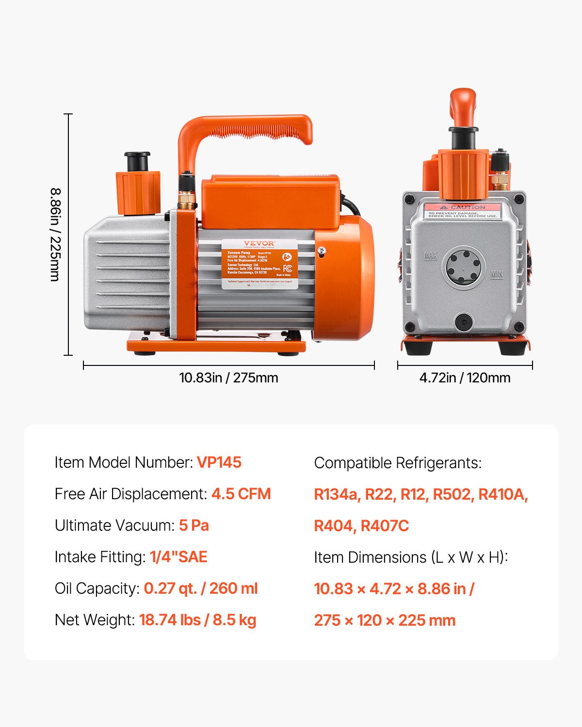 267 L/min (4,5 CFM) AC-vakuumpump och mätarsats, enstegs roterande lamell-HVAC-luftvakuumpump, A/C-kylmedelsmanifoldmätarsats, med läckagedetektorslangar, för R134a, R12, R22, R502a, R410A, R404, R407C