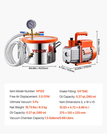 5,7 l (1,5 gallon) vakuumkammare och 100 l/min (3,5 CFM) pumpsats, kammare i rostfritt stål, enstegs vakuumpump avgasningskammarsats, med akryllock, olja, 1,5 m (4,92 fot) slang, för avgasning av silikonepoxiharts