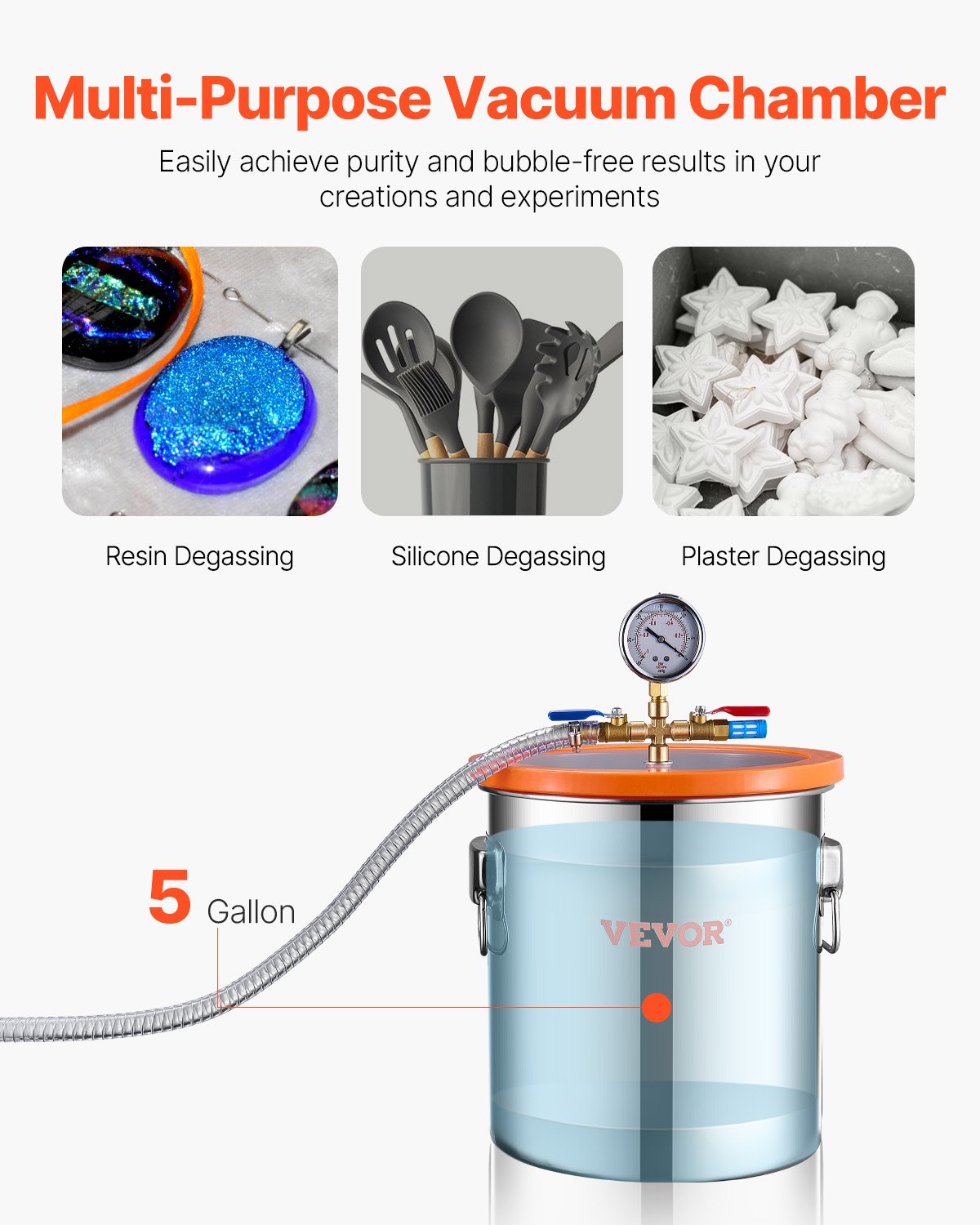 19 l (5 gallon) vakuumkammare och 100 l/min (3,5 CFM) pumpsats, kammare i rostfritt stål, enstegs vakuumpump avgasningskammarsats, med akryllock, olja, 1,5 m (4,92 fot) slang, för avgasning av harts silikonepoxi