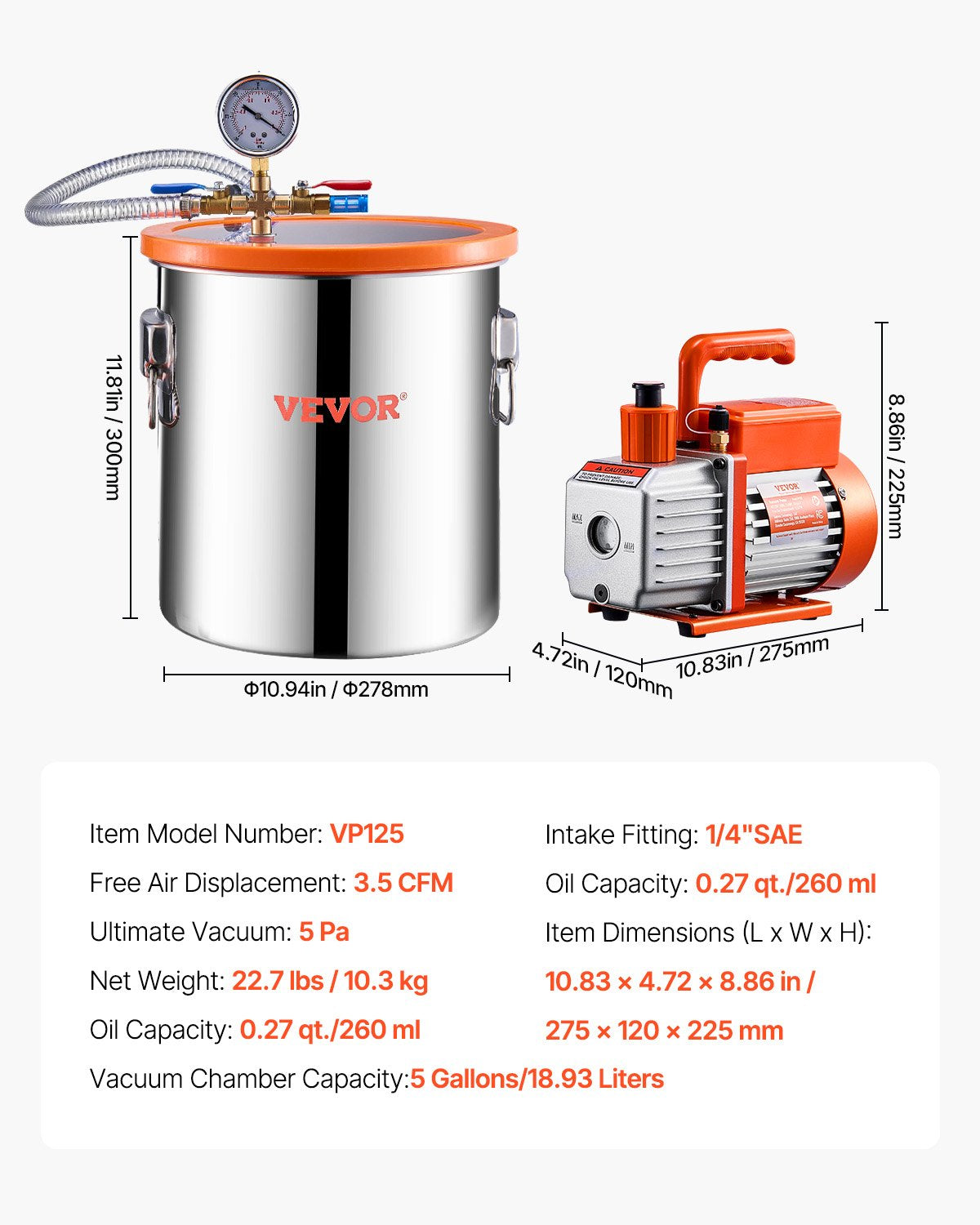 19 l (5 gallon) vakuumkammare och 100 l/min (3,5 CFM) pumpsats, kammare i rostfritt stål, enstegs vakuumpump avgasningskammarsats, med akryllock, olja, 1,5 m (4,92 fot) slang, för avgasning av harts silikonepoxi