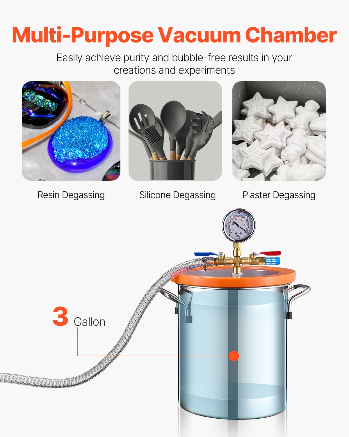 11 l (3 gallon) vakuumkammare och 100 l/min (3,5 CFM) pumpsats, kammare i rostfritt stål, enstegs vakuumpump avgasningskammarsats, med akryllock, olja, 1,5 m (4,92 fot) slang, för avgasning av silikonepoxiharts