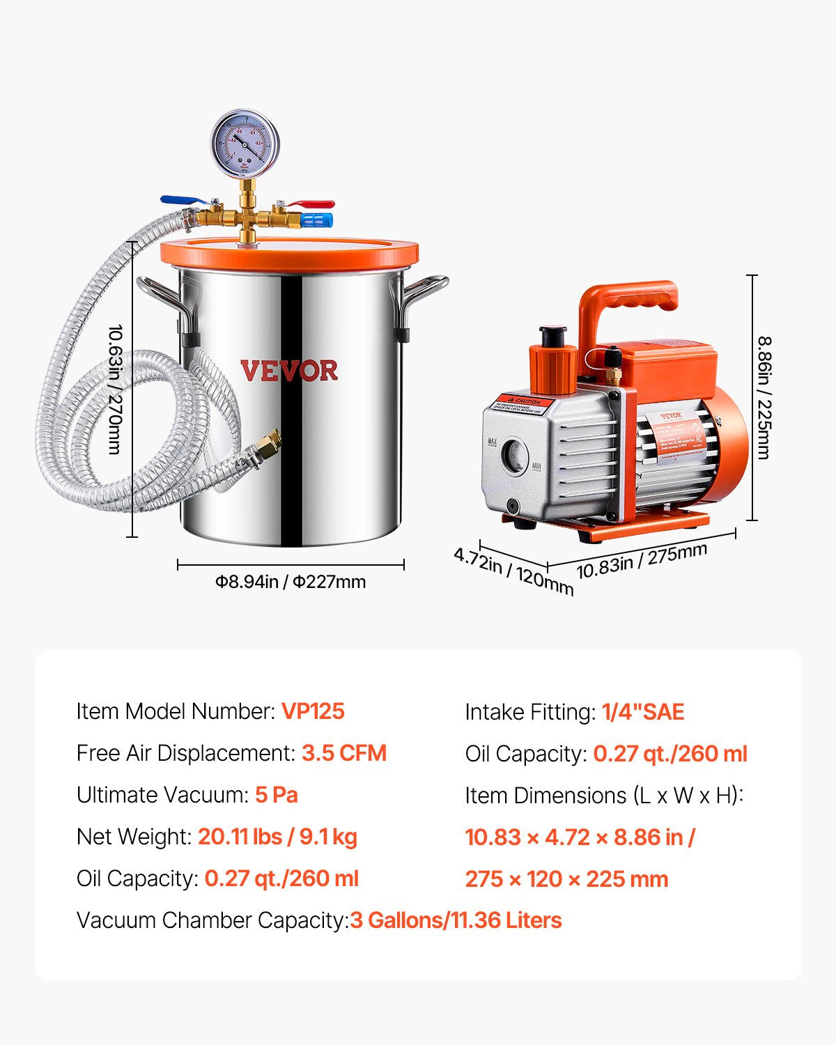 11 l (3 gallon) vakuumkammare och 100 l/min (3,5 CFM) pumpsats, kammare i rostfritt stål, enstegs vakuumpump avgasningskammarsats, med akryllock, olja, 1,5 m (4,92 fot) slang, för avgasning av silikonepoxiharts