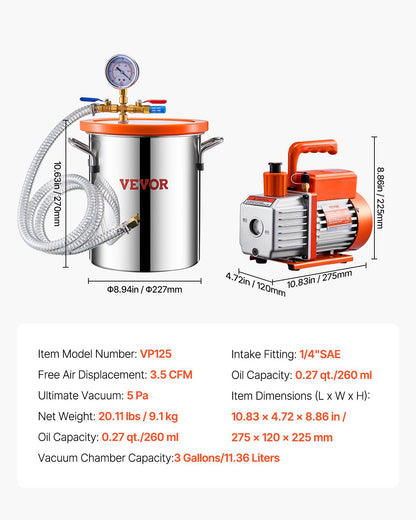 11 l (3 gallon) vakuumkammare och 100 l/min (3,5 CFM) pumpsats, kammare i rostfritt stål, enstegs vakuumpump avgasningskammarsats, med akryllock, olja, 1,5 m (4,92 fot) slang, för avgasning av silikonepoxiharts