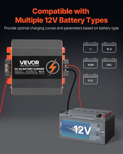 12V 30A DC till DC batteriladdare, 375W, inbyggd batteriladdare för bly-syra, litium-, AGM-, GEL- och överbelastade batterier, smart flerstegsladdning, för husbilar, kommersiella fordon, båtar, yachter