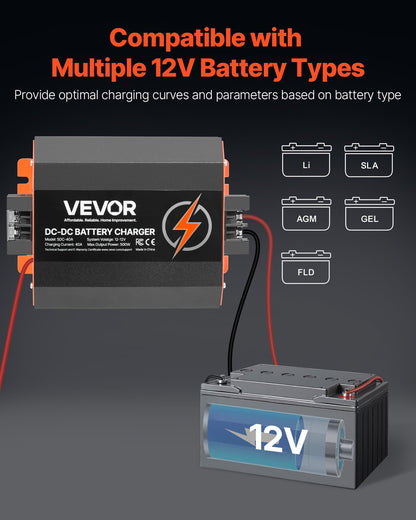 12V 40A DC till DC batteriladdare, 500W, inbyggd batteriladdare för bly-syra, litium-, AGM-, GEL- och överbelastade batterier, smart flerstegsladdning, för husbilar, kommersiella fordon, båtar, yachter