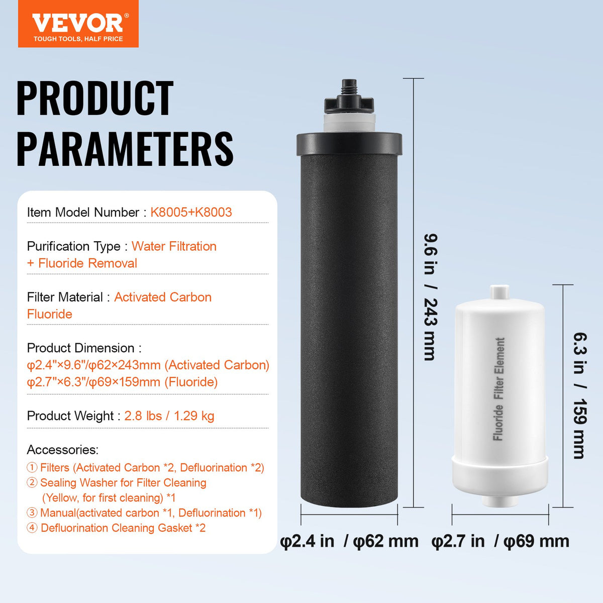 Reservfilter för vatten, reningselement, reservfilter, gravitationsvattenfiltersystem, kompatibelt med de flesta märken, 4-pack (2 aktivt kolfilter + 2 avfluoreringsfilter)