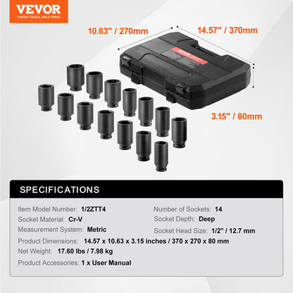 Axle Nut Impact Socket Set, 1/2" Drive Deep 6+12-Point 14-Piece Metric Spindle Nut Socket Set, CR-V Heat Treated Large Socket Set with Storage Case, Auto Repair, Removing or Installing Axle Nuts