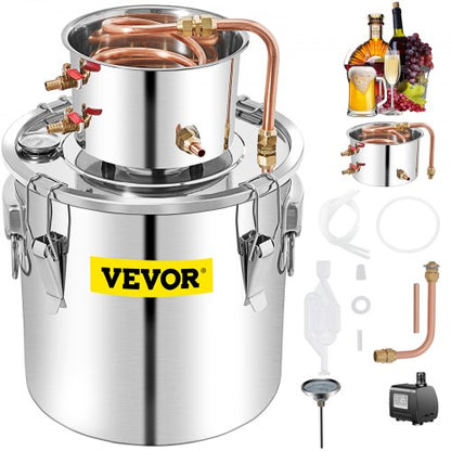 Alkoholdestillator, 50L rostfritt stål vattenalkoholdestilleri med kondensor, 13.2Gal vinbryggare med kopparrör, hembryggningssats med inbyggd termometer för gör-det-själv whisky, vin och brandy, silverfärgad