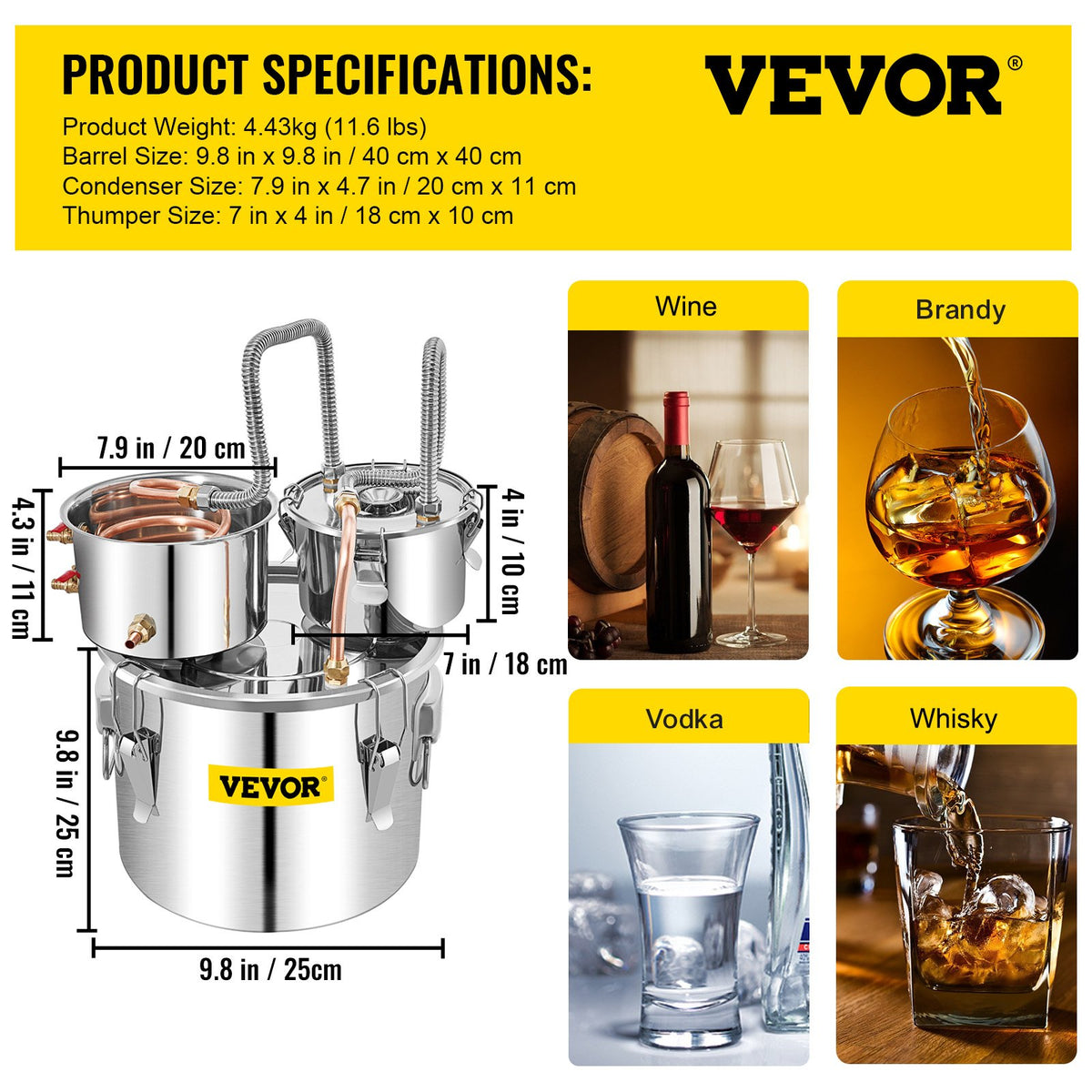 Hembräntstilldestilleri 3Gal 12L rostfritt stål vattendestilleri kopparrör med cirkulationspump hembryggningssats inbyggd termometer för gör-det-själv whisky vin brandysprit