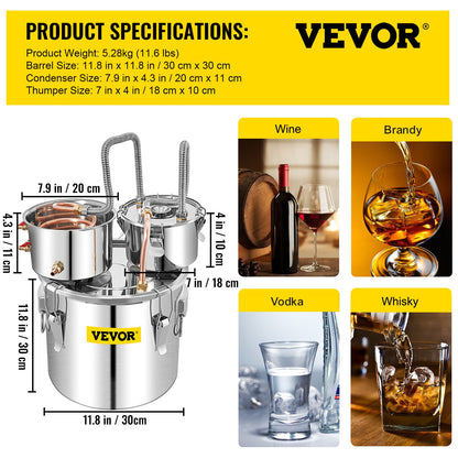 Moonshine Still Distiller 5Gal 21L Stainless Steel Water Distiller Copper Tube with Circulating Pump Home Brewing Kit Build-in Thermometer for DIY Whisky Wine Brandy Spirits