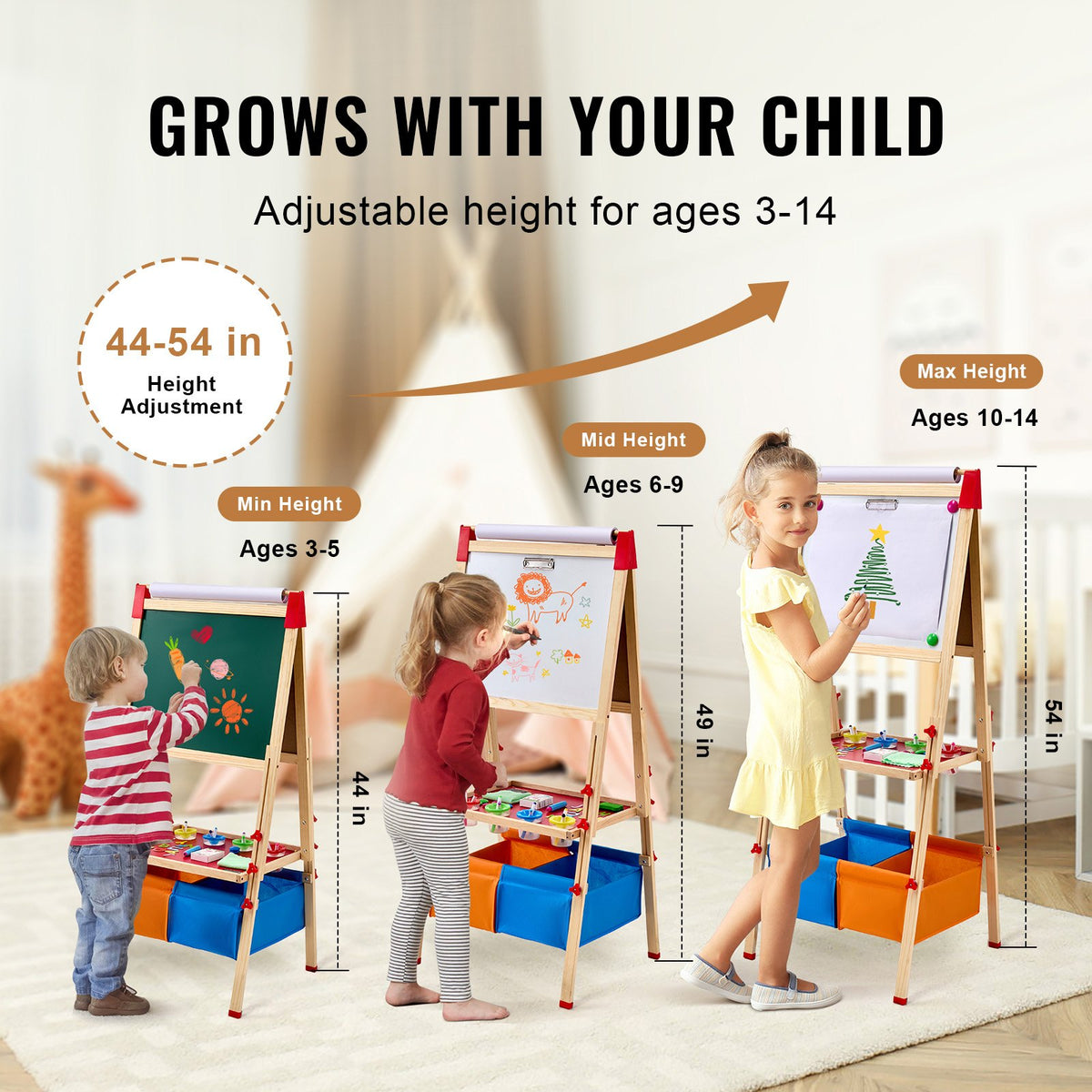 Art Easel for Kids, 3-in-1 Wooden Double-Sided Kid's Art Easel with Magnetic Whiteboard, Chalkboard, Paper Roll, Adjustable Standing Drawing Board with Painting Accessories, Storage for Boy Girl