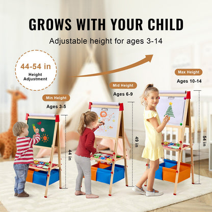 Art Easel for Kids, 3-in-1 Wooden Double-Sided Kid's Art Easel with Magnetic Whiteboard, Chalkboard, Paper Roll, Adjustable Standing Drawing Board with Painting Accessories, Storage for Boy Girl