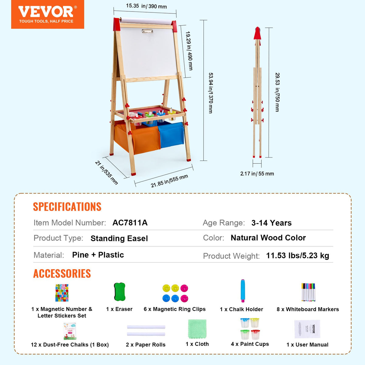 Art Easel for Kids, 3-in-1 Wooden Double-Sided Kid's Art Easel with Magnetic Whiteboard, Chalkboard, Paper Roll, Adjustable Standing Drawing Board with Painting Accessories, Storage for Boy Girl