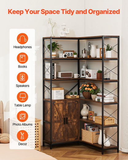 6 Tier Corner Bookshelf, Tall Corner Bookcase Storage with Doors, Large L-Shaped Bookshelf Organizer with Metal Frame & Adjustable Shelves, Display Book Shelf Rack for Home, Office