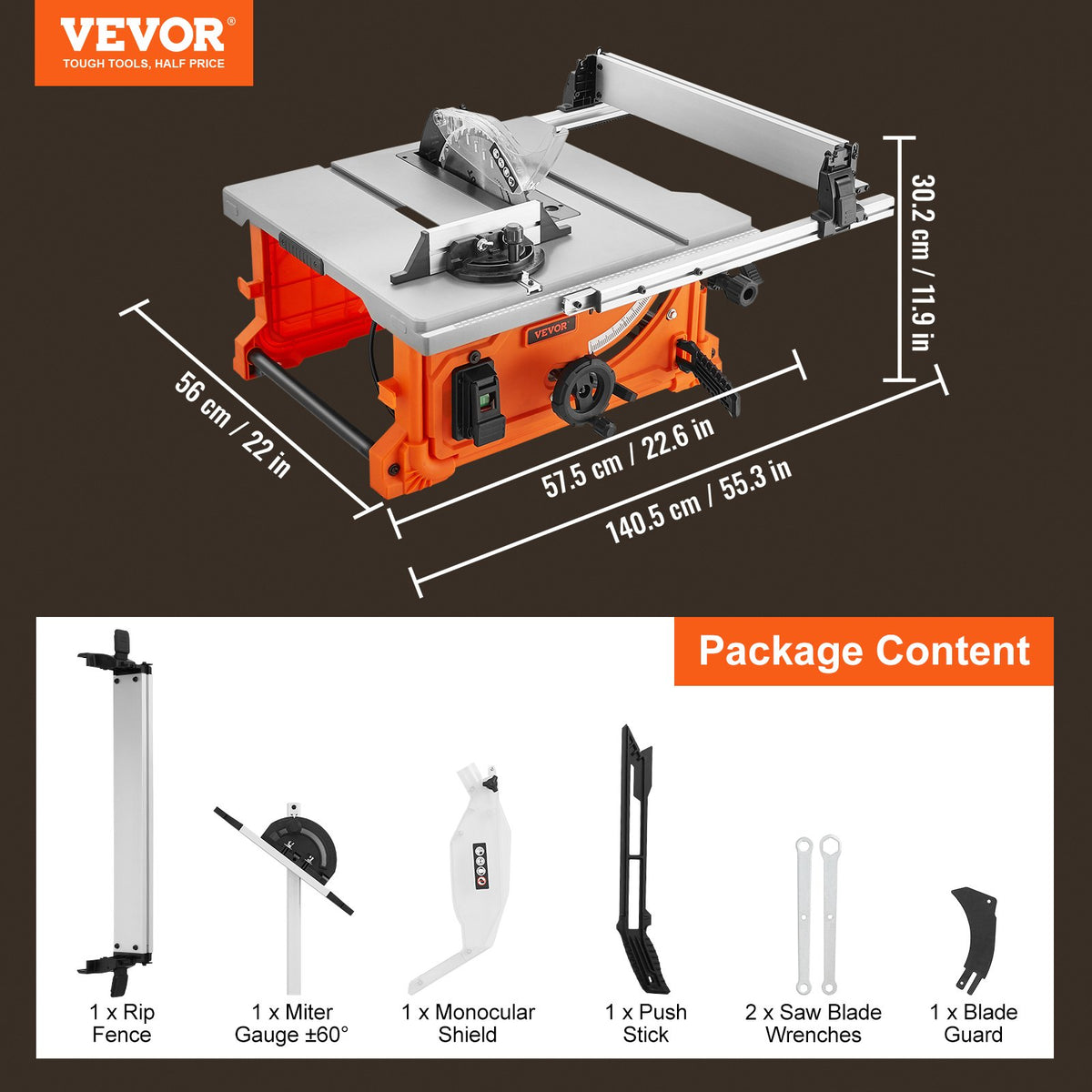 1800 W Table Saw Electric Cutting Machine, 625 mm Cutting Capacity, 4400 RPM, 85 mm 90° Crosscut Saw and 60 mm 45° Bevel Cut for Wood, Carpentry and Indoor/Outdoor Workshop