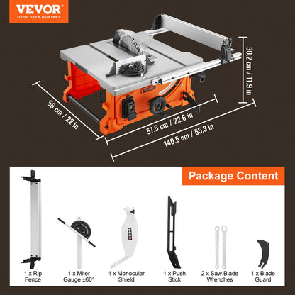 1800 W Table Saw Electric Cutting Machine, 625 mm Cutting Capacity, 4400 RPM, 85 mm 90° Crosscut Saw and 60 mm 45° Bevel Cut for Wood, Carpentry and Indoor/Outdoor Workshop