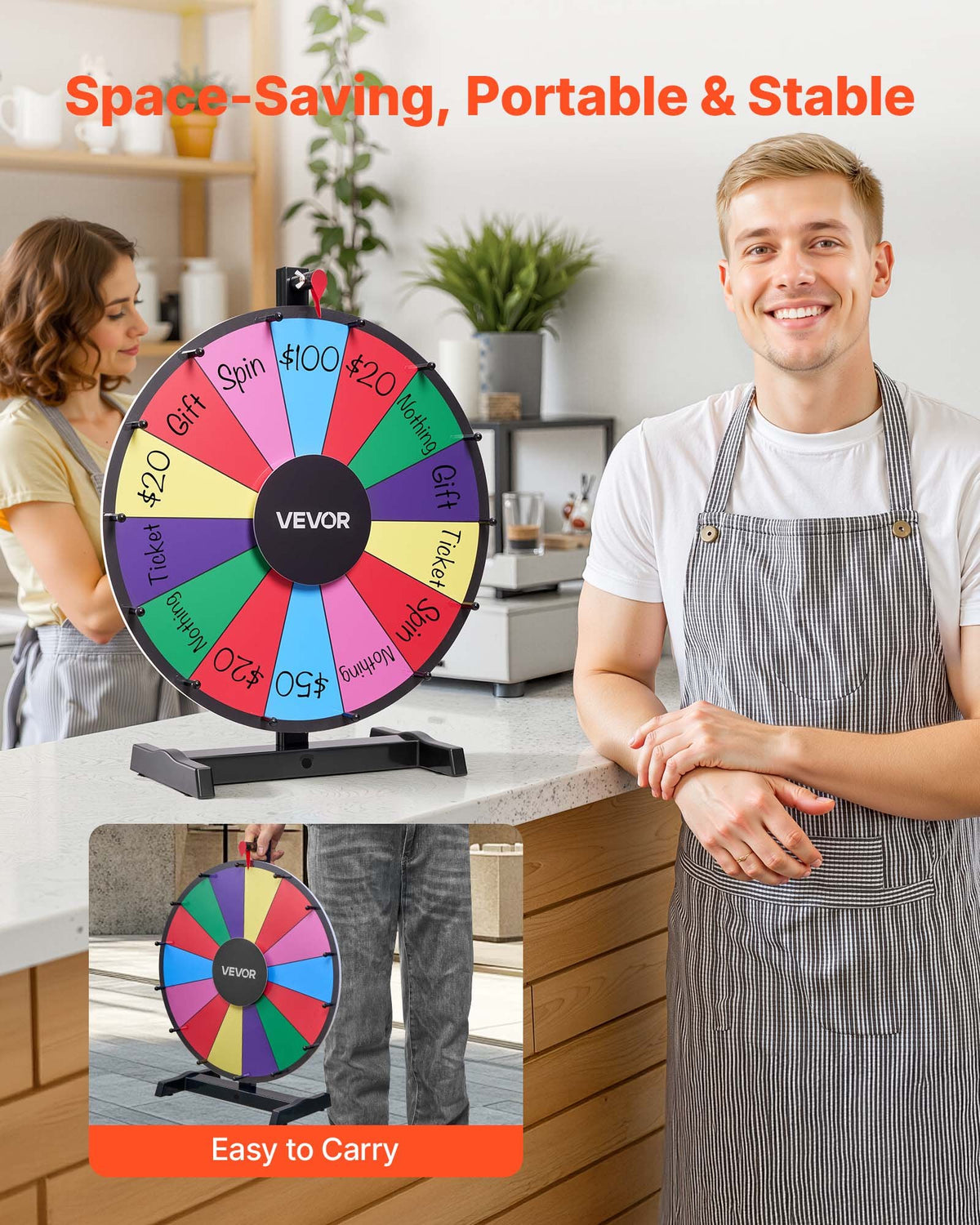 457 mm snurrande prishjul, 14 platser med stativ, bordsroulette med whiteboard och 2 markörer, 6 färger, enkel montering, för fest, pub, mässa, karnevalsevenemang