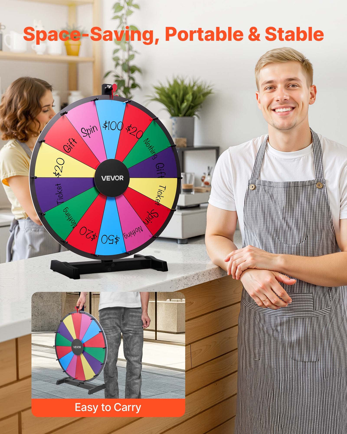 610 mm snurrande prishjul, 14 platser med stativ, bordsroulette med whiteboard och 2 tuschpennor, 6 färger, enkel montering, för fest, pub, mässa, karnevalsevenemang