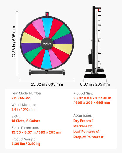 610 mm snurrande prishjul, 14 platser med stativ, bordsroulette med whiteboard och 2 tuschpennor, 6 färger, enkel montering, för fest, pub, mässa, karnevalsevenemang