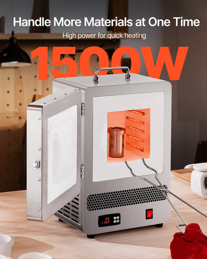 Tabletop Kiln Melter, 1500W Powerful Electric Kiln, 2192℉ / 1200℃ Max Temperature, Stainless Steel, Gold Melting Furnace for Wax Casting, Clay DIY, Metal Tempering, Glazing on Pottery, Silver
