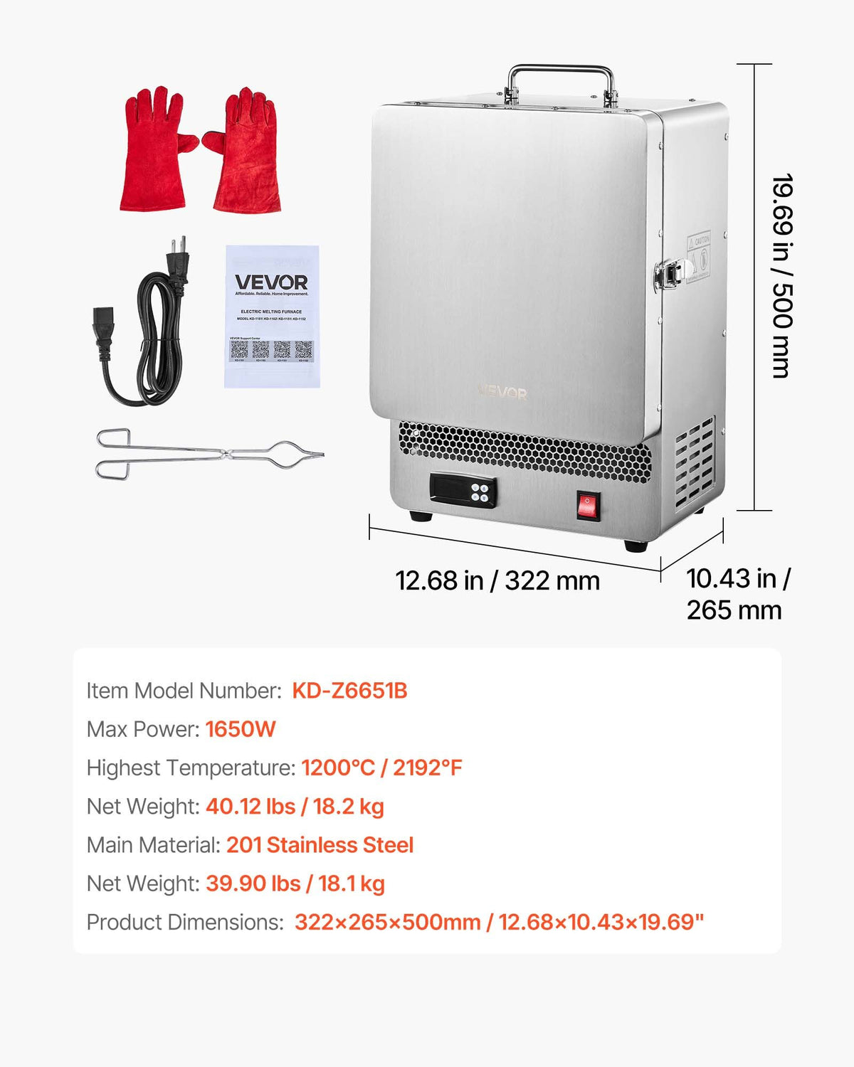 Elektrisk smältugn, 1650W digital smältugn, elektrisk ugn med maxtemperatur 2192℉/1200℃ för gjutning av förlorat vax, lera DIY, metallglödgning, keramikbränning, PID-temperaturkontroll