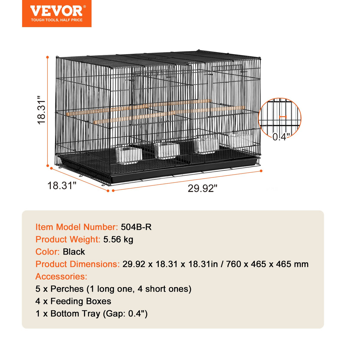 Fågelbur, 45 cm, liten undulatbur med avdelare, robust flygbur i metall, resefågelbur med 5 sittpinnar och 4 matkoppar, papegojbur för kanariefåglar, turturduvor, nymfparakiter, undulat, svart