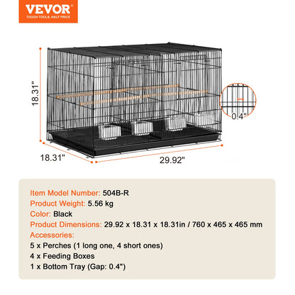 Fågelbur, 45 cm, liten undulatbur med avdelare, robust flygbur i metall, resefågelbur med 5 sittpinnar och 4 matkoppar, papegojbur för kanariefåglar, turturduvor, nymfparakiter, undulat, svart