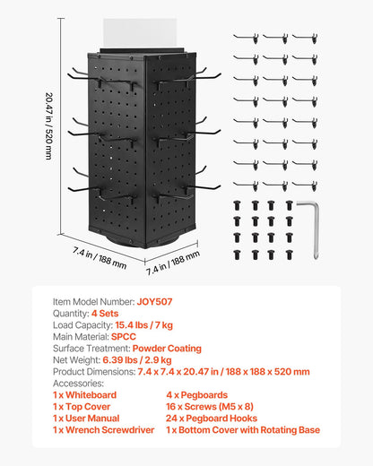 Roterande stiftstativ, 18,8 x 18,8 x 42,6 cm 4-sidig snurrande stiftstavla med 24 krokar, förtjockad kallvalsad stålplåt för hantverksbutik, svart