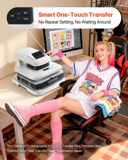 Auto Heat Press Machine, 38 x 38 cm, T-Shirt Press Machine with Auto Release and Adjustable Pressure, Digital Display, Rapid Heating, for Sublimation, Vinyl, Heat Transfer Projects, White