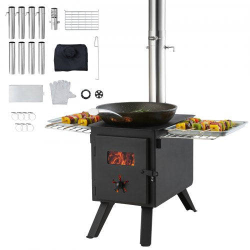 Wood Stove, 218.4 cm, Alloy Steel Camping Tent Stove, Portable Wood Burning Stove with Chimney Pipes & Gloves, 22941.9 cm³ Firebox Hot Tent Stove for Outdoor Cooking and Heating with 8 Pipes