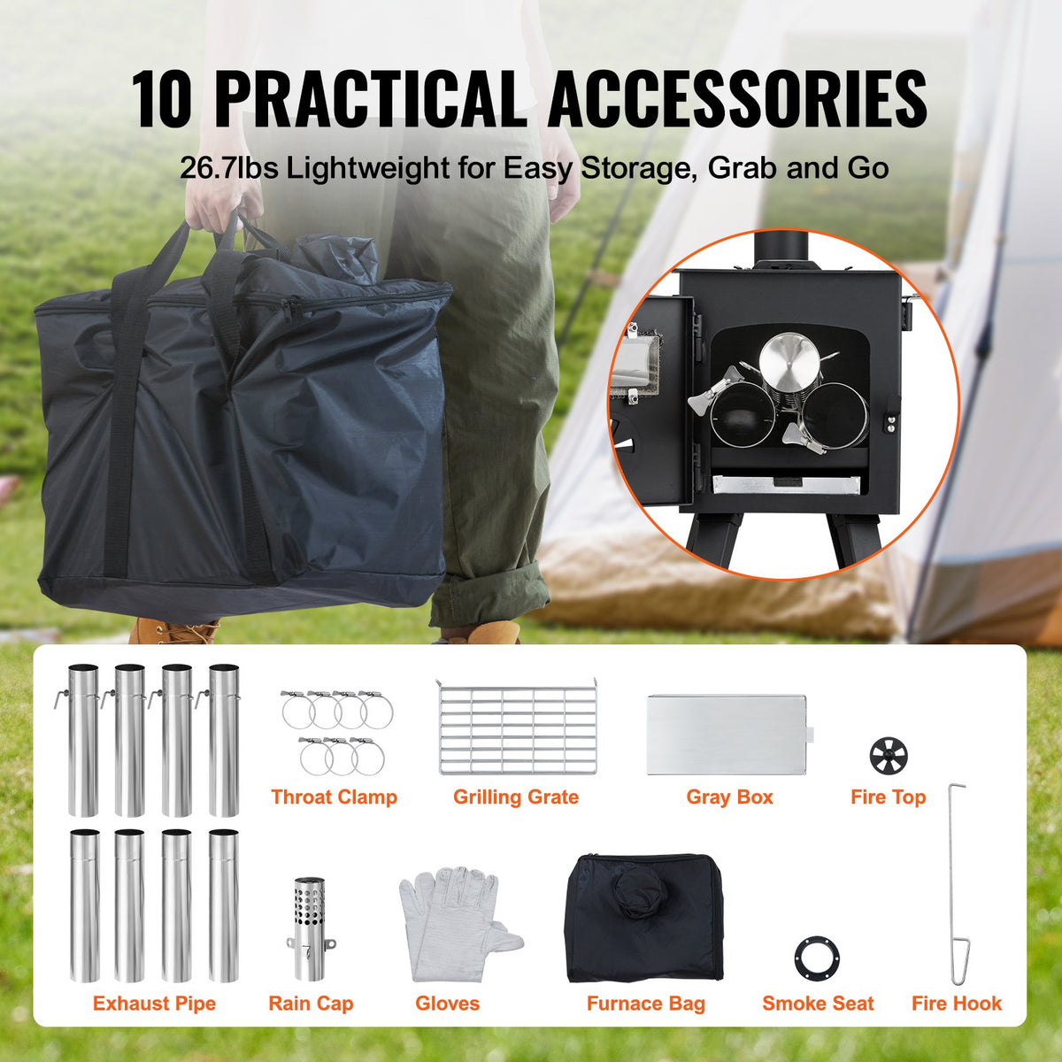 Wood Stove, 218.4 cm, Alloy Steel Camping Tent Stove, Portable Wood Burning Stove with Chimney Pipes & Gloves, 22941.9 cm³ Firebox Hot Tent Stove for Outdoor Cooking and Heating with 8 Pipes