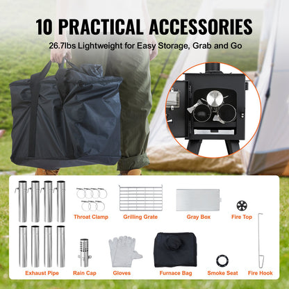Wood Stove, 218.4 cm, Alloy Steel Camping Tent Stove, Portable Wood Burning Stove with Chimney Pipes & Gloves, 22941.9 cm³ Firebox Hot Tent Stove for Outdoor Cooking and Heating with 8 Pipes
