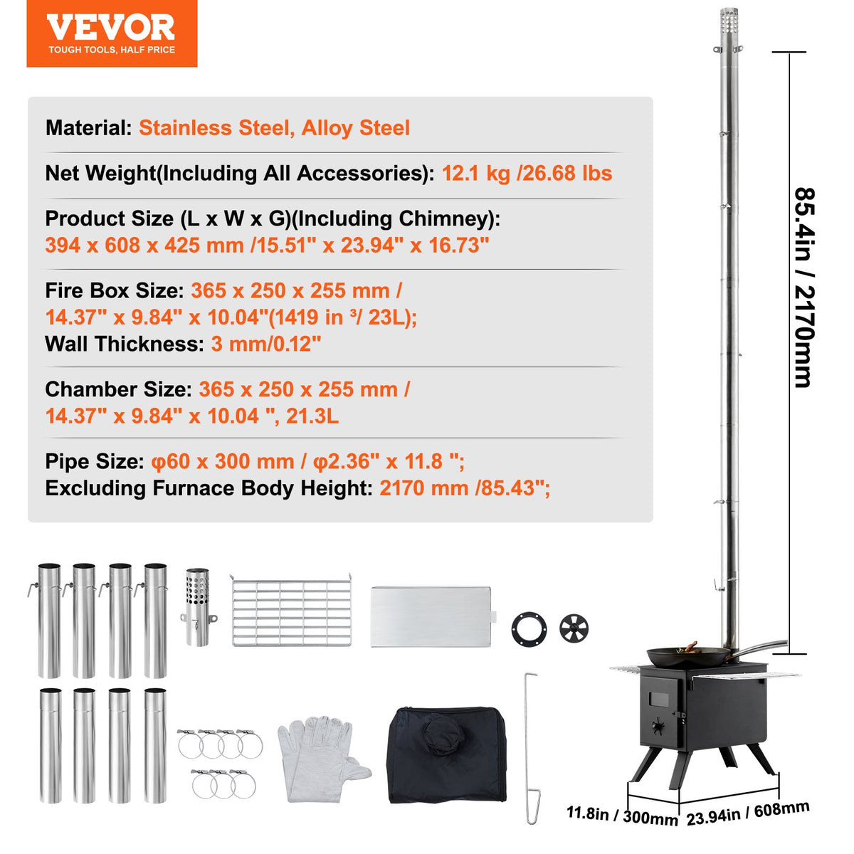 Wood Stove, 218.4 cm, Alloy Steel Camping Tent Stove, Portable Wood Burning Stove with Chimney Pipes & Gloves, 22941.9 cm³ Firebox Hot Tent Stove for Outdoor Cooking and Heating with 8 Pipes