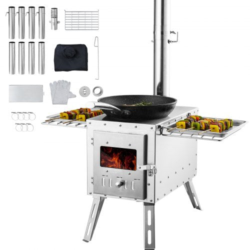 Vedspis, 218,44 cm, campingtältkök i rostfritt stål, bärbar vedspis med skorstensrör och handskar, 49161,3 cm³ eldstad, tältkök för matlagning och uppvärmning utomhus med 8 rör